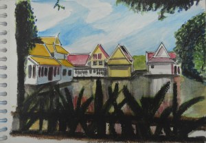 Wat Debsirin Lake in Wc, Pastel and Pen